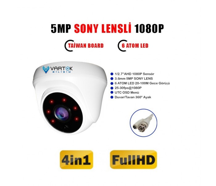 5mp Lensli 1080p 6 Array Led Gece Görüşlü Iç Mekan Fullhd Dome Güvenlik Kamerası