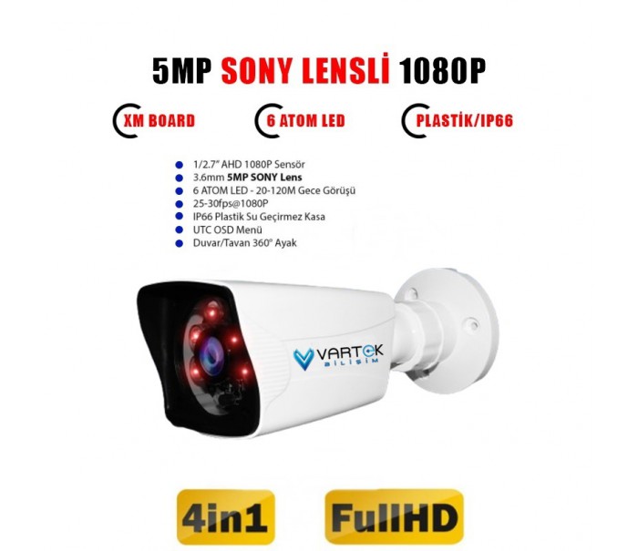 5MP LENSLİ 1080P 6 ATOM LED GECE GÖRÜŞLÜ SU GEÇİRMEZ PLASTİK KASA FULLHD GÜVENLİK KAMERASI