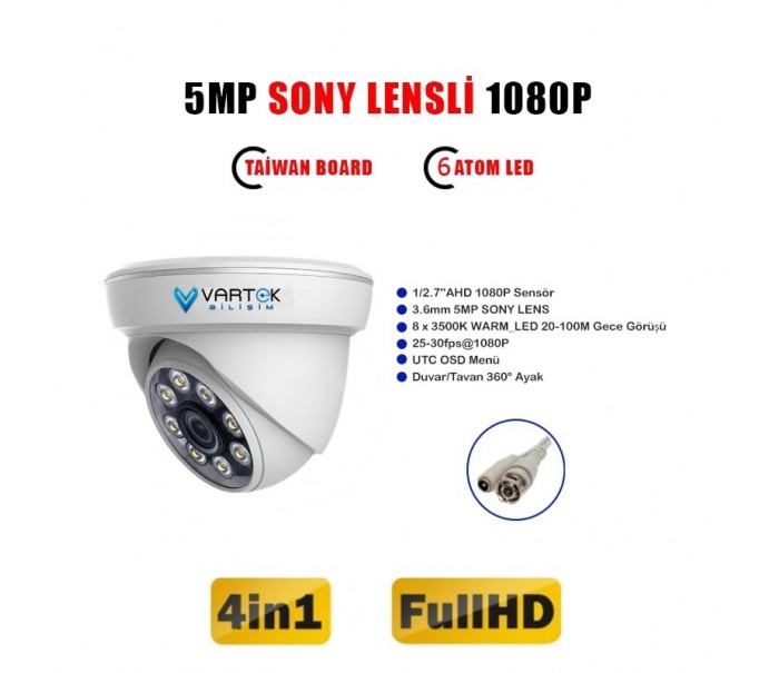 5MP SONY LENS Gece Renkli WarmLight Dome İç Mekan 1080P AHD Güvenlik Kamerası