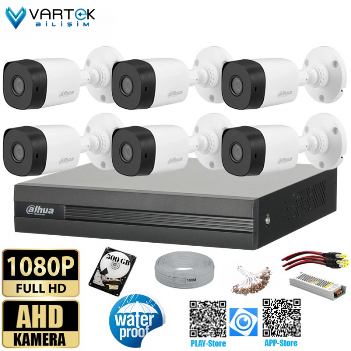 6 Kameralı 500GB Harddiskli 30m Gece Görüşlü Full HD Güvenlik Kamera Seti