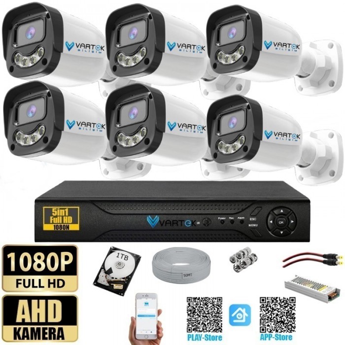 6 Kameralı Gülen Yüz Gece Renkli 1000GB HDD 5MP Ahd Güvenlik Kamerası seti