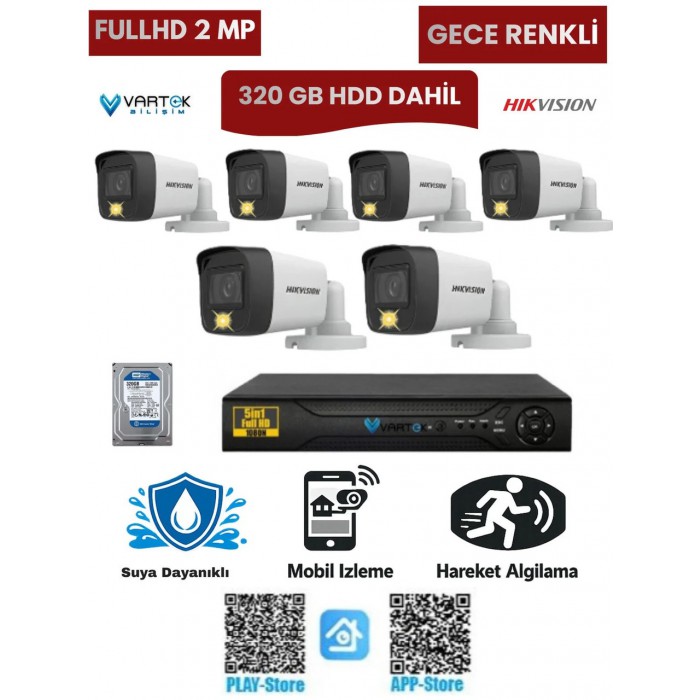 6 Kameralı Güvenlik Kamera Seti 2mp 1080P Gece Renkli Tak Çalıştır Hazır Sistem + 320 GB HDD