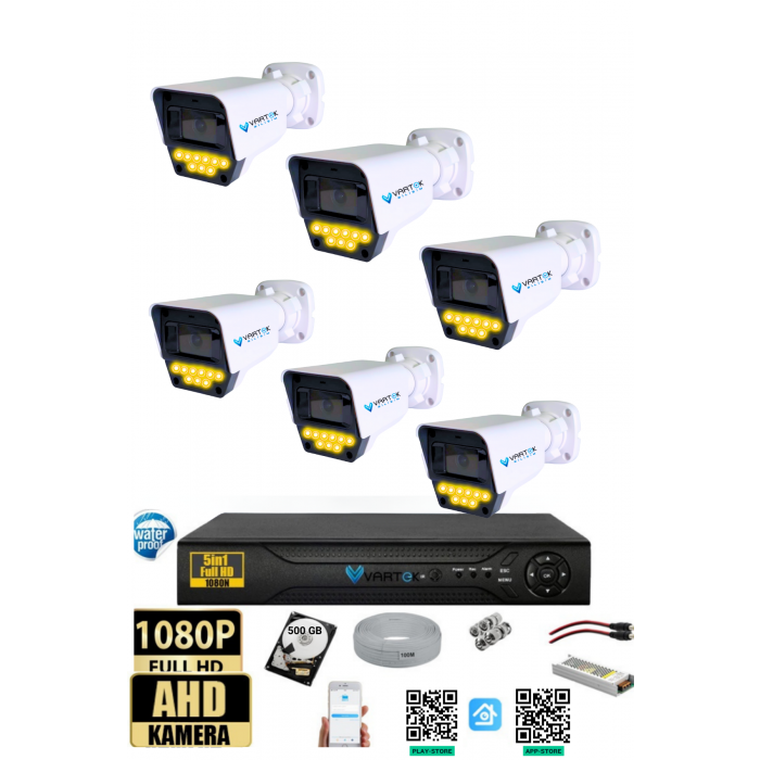 6 Kameralı Set - 500 GB HDD, 9 LED Gece Görüşlü Full HD Güvenlik Kamerası Sistemi