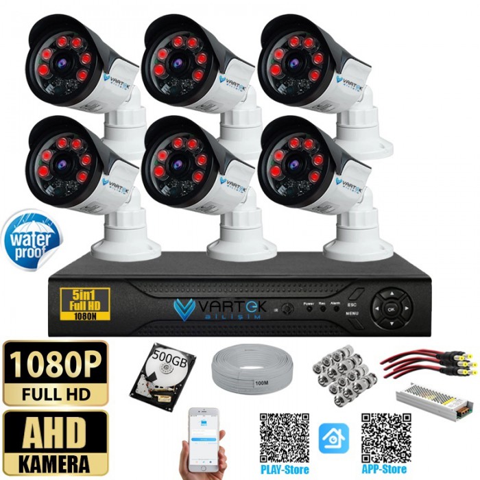 6 Kameralı Set 500 Gb Hdd Full Hd Gece Görüşlü Güvenlik Kamerası Sistemi-Sabit İp Gerektirmez-