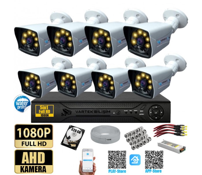 8 Kameralı Gece Renkli 5MP Lensli 1080P FULLHD Kamera Seti - Sabit İP Gerektirmez-Tak Çalıştır