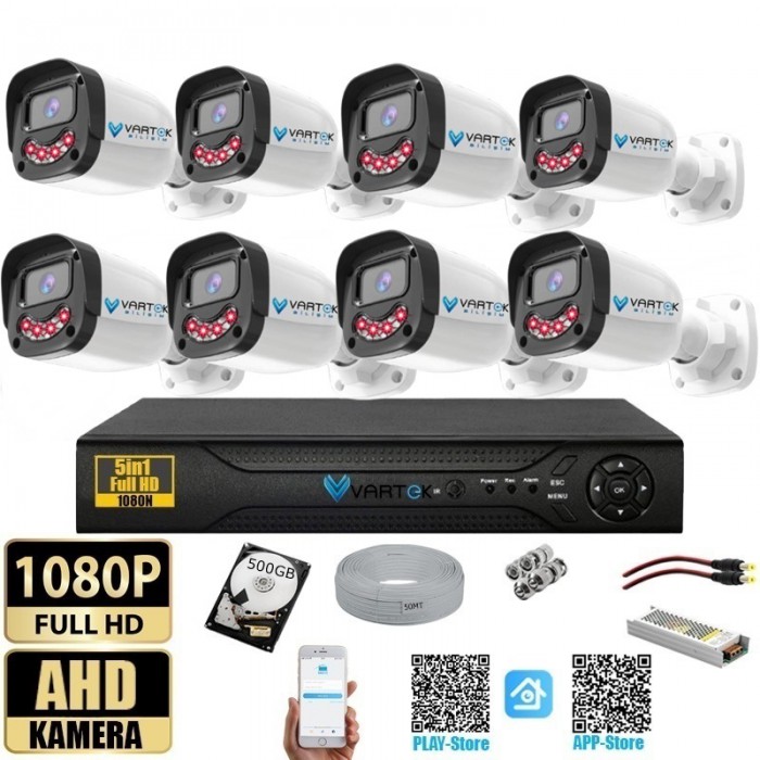 8 Kameralı Gülen Yüz Gece Görüşlü 500GB HDD 5MP Ahd Güvenlik Kamerası seti