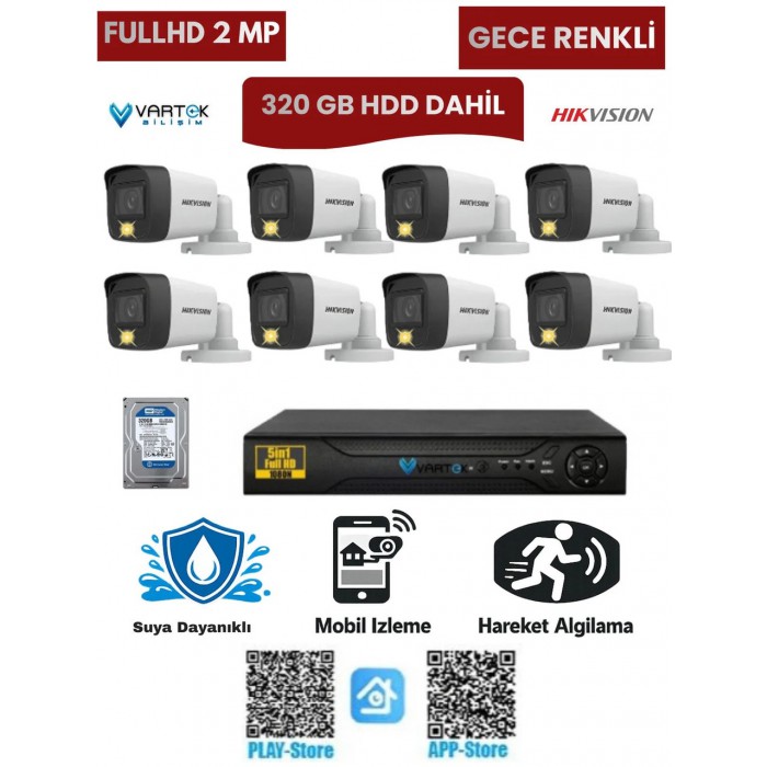 8 Kameralı Güvenlik Kamera Seti 2mp 1080P Gece Renkli Tak Çalıştır Hazır Sistem + 320 GB HDD