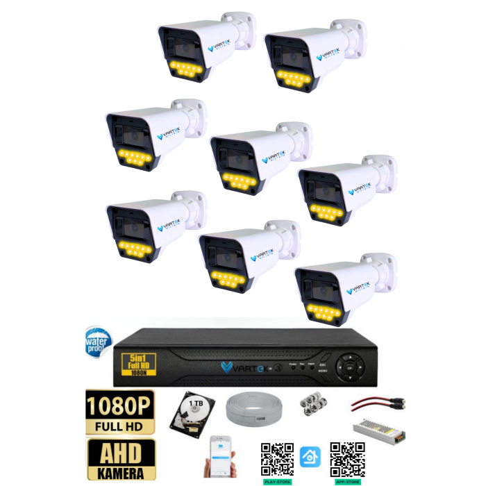 8 Kameralı Set - 1 TB HDD, 9 LED Gece Görüşlü Full HD Güvenlik Kamerası Sistemi