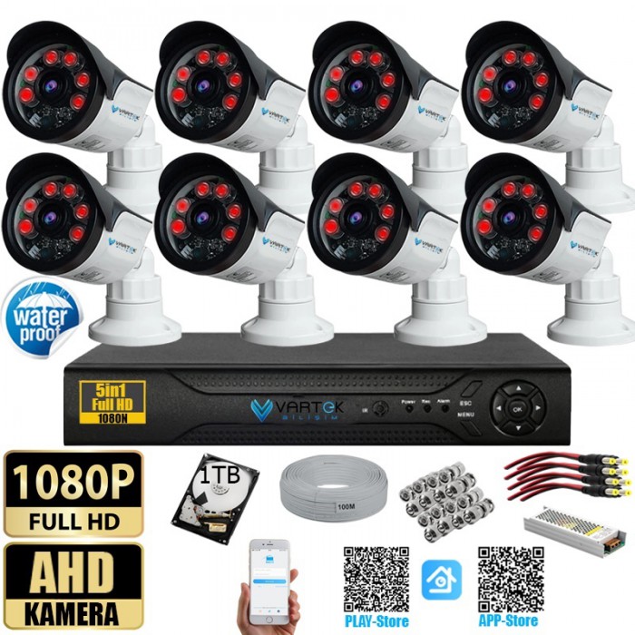 8 Kameralı Set 1000 Gb Hdd Full Hd Gece Görüşlü Güvenlik Kamerası Sistemi-Sabit İp Gerektirmez-