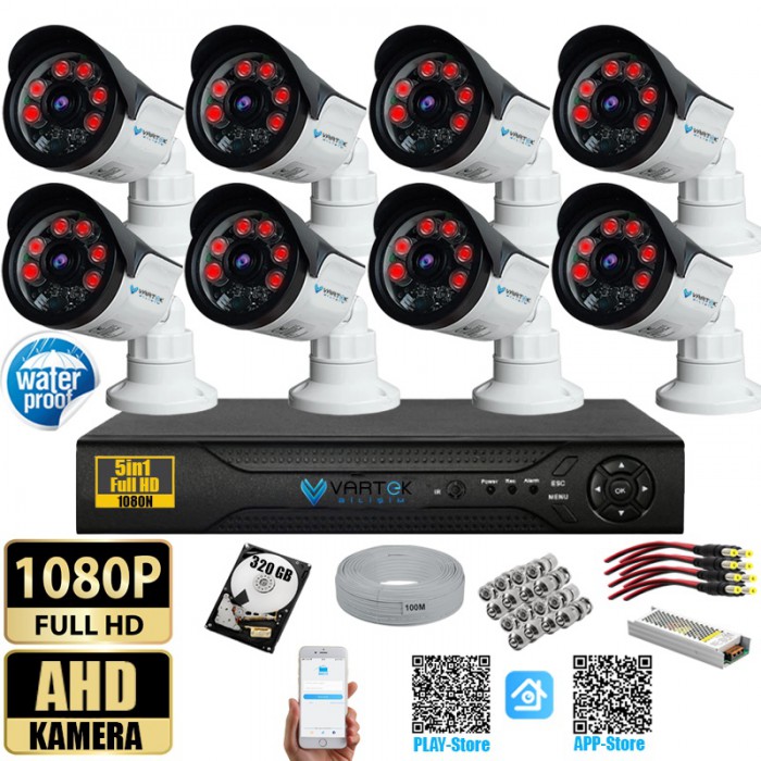 8 Kameralı Set 320 Gb Hdd Full Hd Gece Görüşlü Güvenlik Kamerası Sistemi-Sabit İp Gerektirmez-