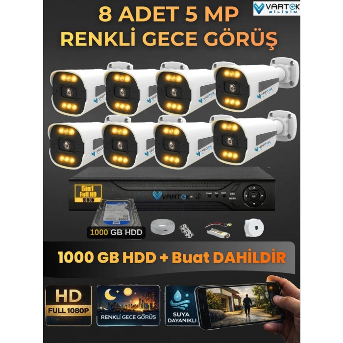 8 Kameralı Zebra Kasa Gece Renkli 1000GB HDD 5MP Ahd Güvenlik Kamerası seti