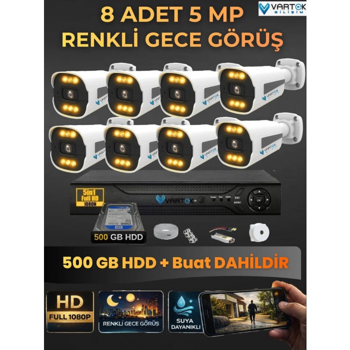 8 Kameralı Zebra Kasa Gece Renkli 500GB HDD 5MP Ahd Güvenlik Kamerası seti