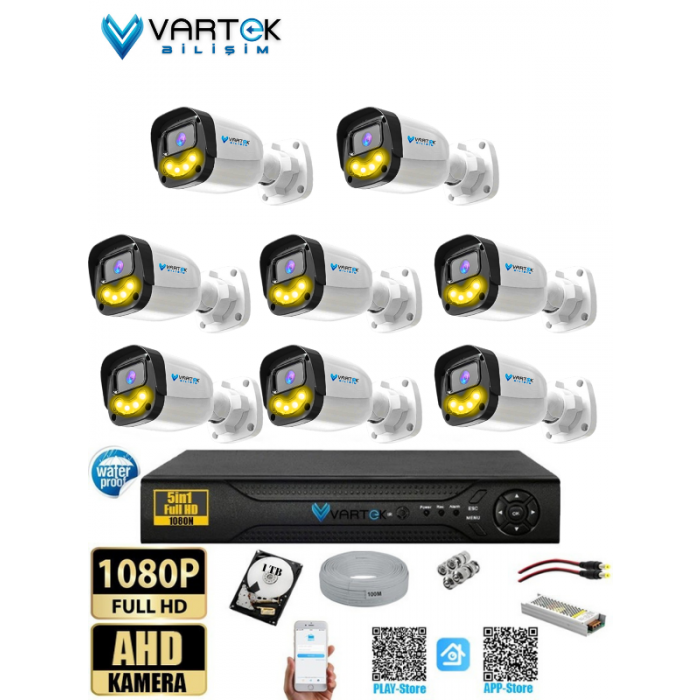 8`lı 5MP Full HD 1080P Atom ledli 1TB HDD Güvenlik Kamera Seti Gece Renkli Tak Çalıştır İp gerektirmez