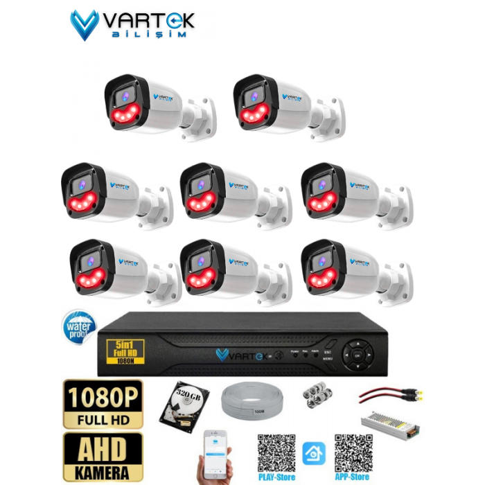 8`lı 5MP Full HD 1080P Atom ledli 320GB HDD Güvenlik Kamera Seti Gece Görüşlü Tak Çalıştır İp gerektirmez