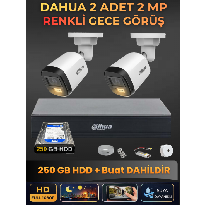 Dahua 2 Kameralı 2mp Gece Renkli Güvenlik Kamerası Seti, 250 GB Hdd, Fullhd Iç Dış Mekan Uyumlu