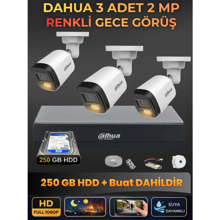 Dahua 3 Kameralı 2mp Gece Renkli Güvenlik Kamerası Seti, 250 GB Hdd, Fullhd Iç Dış Mekan Uyumlu