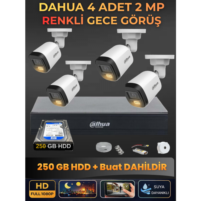 Dahua 4 Kameralı 2mp Gece Renkli Güvenlik Kamerası Seti, 250 GB Hdd, Fullhd Iç Dış Mekan Uyumlu