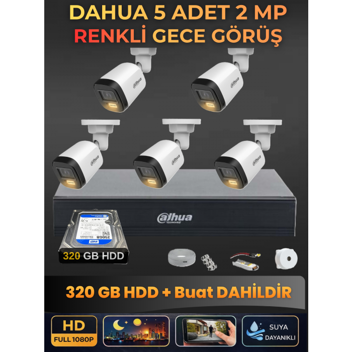 Dahua 5 Kameralı 2mp Gece Renkli Güvenlik Kamerası Seti, 320 GB Hdd, Fullhd Iç Dış Mekan Uyumlu