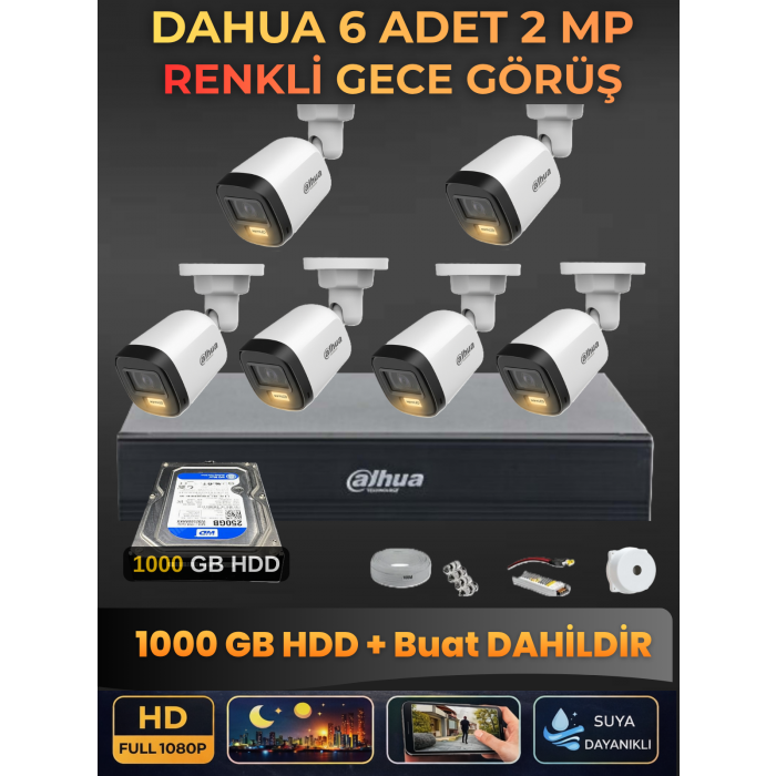 Dahua 6 Kameralı 2mp Gece Renkli Güvenlik Kamerası Seti, 1000 GB Hdd, Fullhd Iç Dış Mekan Uyumlu