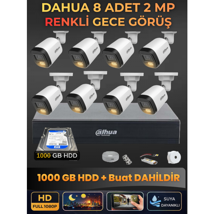 Dahua 8 Kameralı 2mp Gece Renkli Güvenlik Kamerası Seti, 1000 GB Hdd, Fullhd Iç Dış Mekan Uyumlu