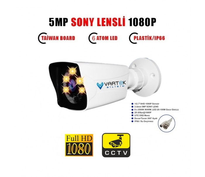 GECE RENKLİ - 5MP LENS 1080P FULLHD AHD GÜVENLİK KAMERASI - 6XULTRA LED - PLASTİK KASA