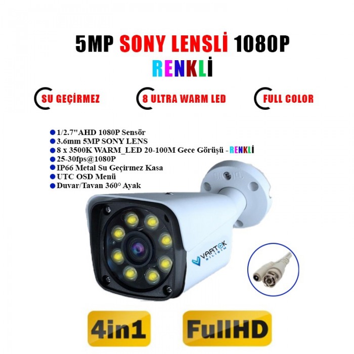 Gece Renkli- 5MP LENS 1080P FULLHD AHD Güvenlik Kamerası-8XULTRA LED - Metal Kasa