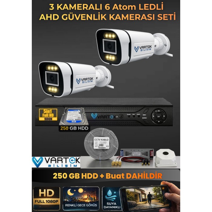 VARTEK BİLİŞİM 2 Kameralı 6 Atom Led Gece Renkli Görüşlü Güvenlik Kamerası Seti + 250 GB HDD