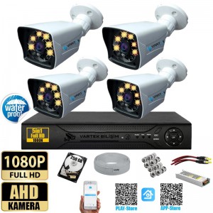 4 Kameralı-Gece Renkli 5MP Lensli 1080P FULLHD Kamera Seti - Su Gecirmez- Sabit İP Gerektirmez