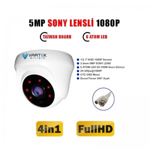 5mp Lensli 1080p 6 Array Led Gece Görüşlü Iç Mekan Fullhd Dome Güvenlik Kamerası
