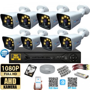 8 Kameralı Gece Renkli 5MP Lensli 1080P FULLHD Kamera Seti - Sabit İP Gerektirmez-Tak Çalıştır